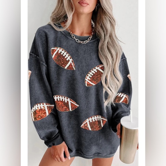 Tops - SEQUIN RUGBY GRAPHIC CORDED BAGGY SWEATSHIRT